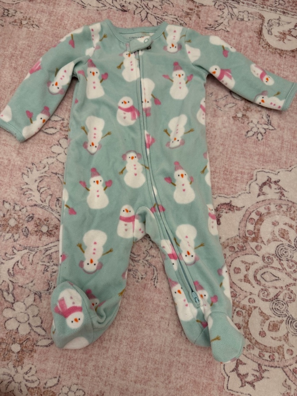 Baby Fleece One-Piece Footed Pajamas - Mint Snowman Print